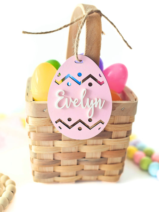 Personalized Easter Basket Name Tags, Birch Wood Bunny and Egg Shapes, Pastel Color Kids Easter Decoration