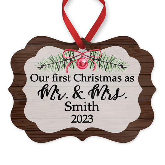 our first Christmas as Mr & Mrs personalized Christmas ornament - brown wood