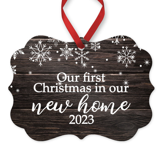Our first Christmas in our new home ornament - snowflakes wood grain