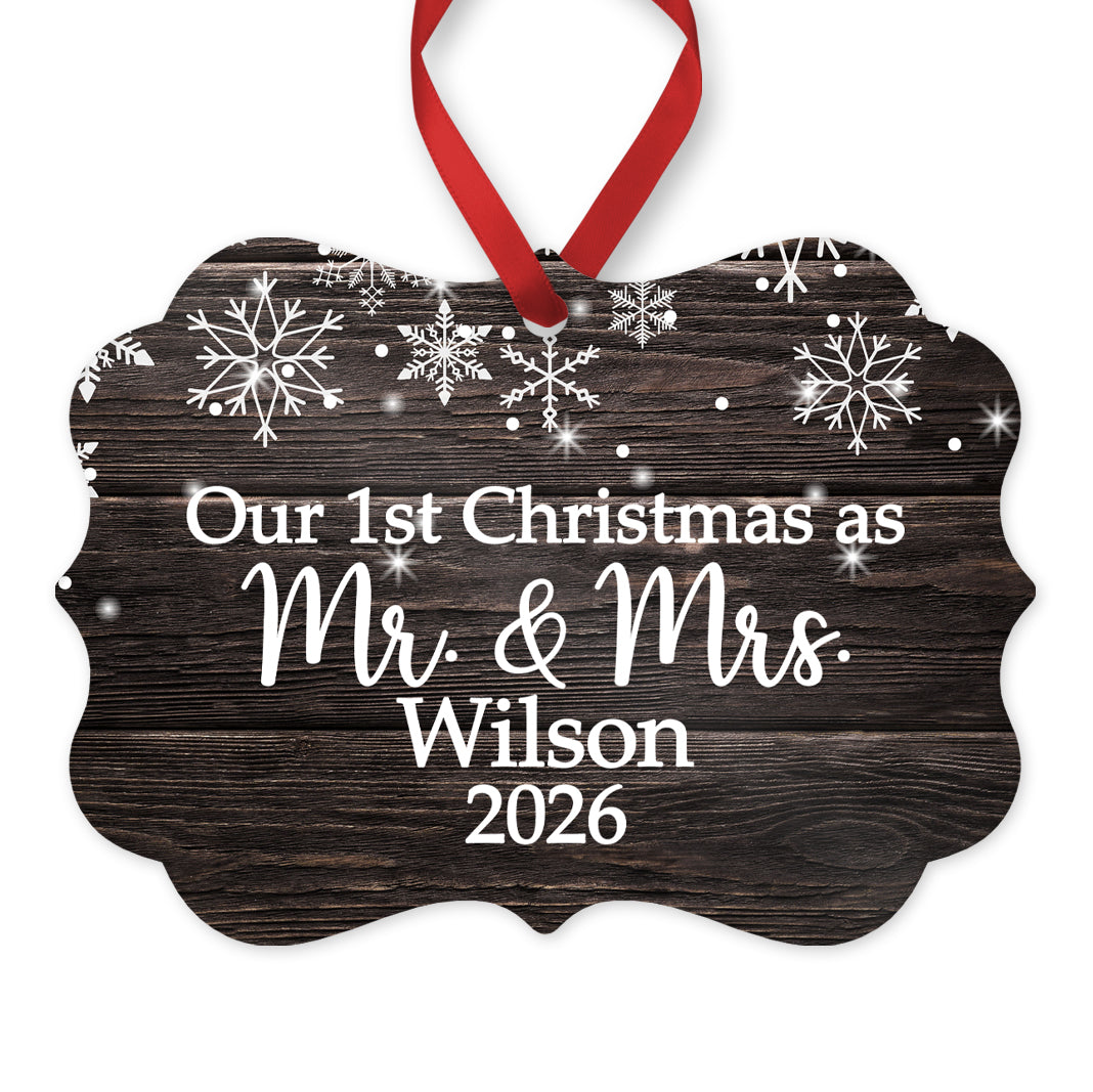 Our 1st Christmas as Mr. & Mrs. Ornament, Personalized Wedding Ornament, 4" x 2.75" Rustic Metal