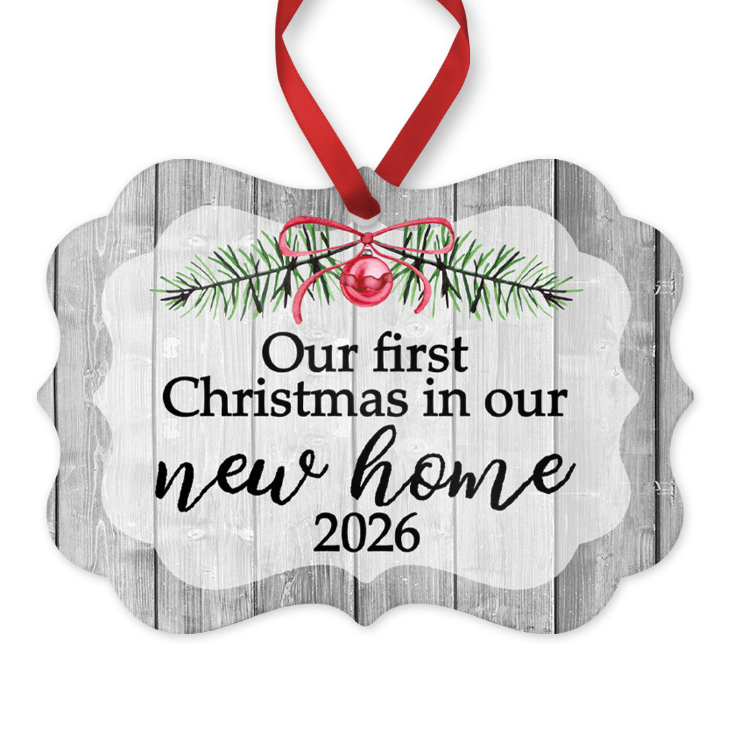 Our First Christmas in Our New Home Ornament, Personalized New Home Keepsake, 4" x 2.75" Rustic Metal