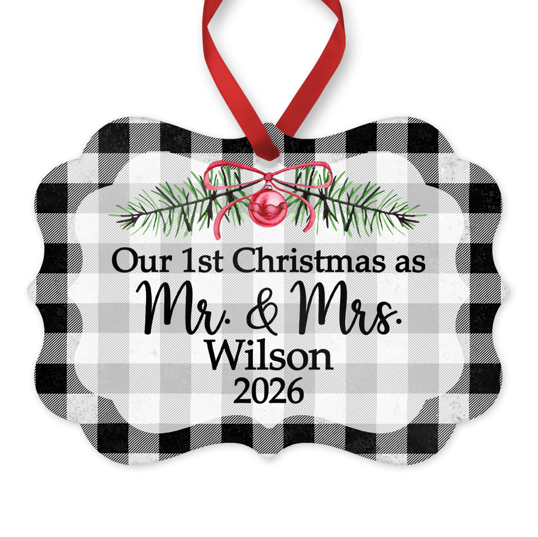 Our 1st Christmas as Mr. & Mrs. Ornament, Personalized Wedding Ornament, 4" x 2.75" Rustic Metal