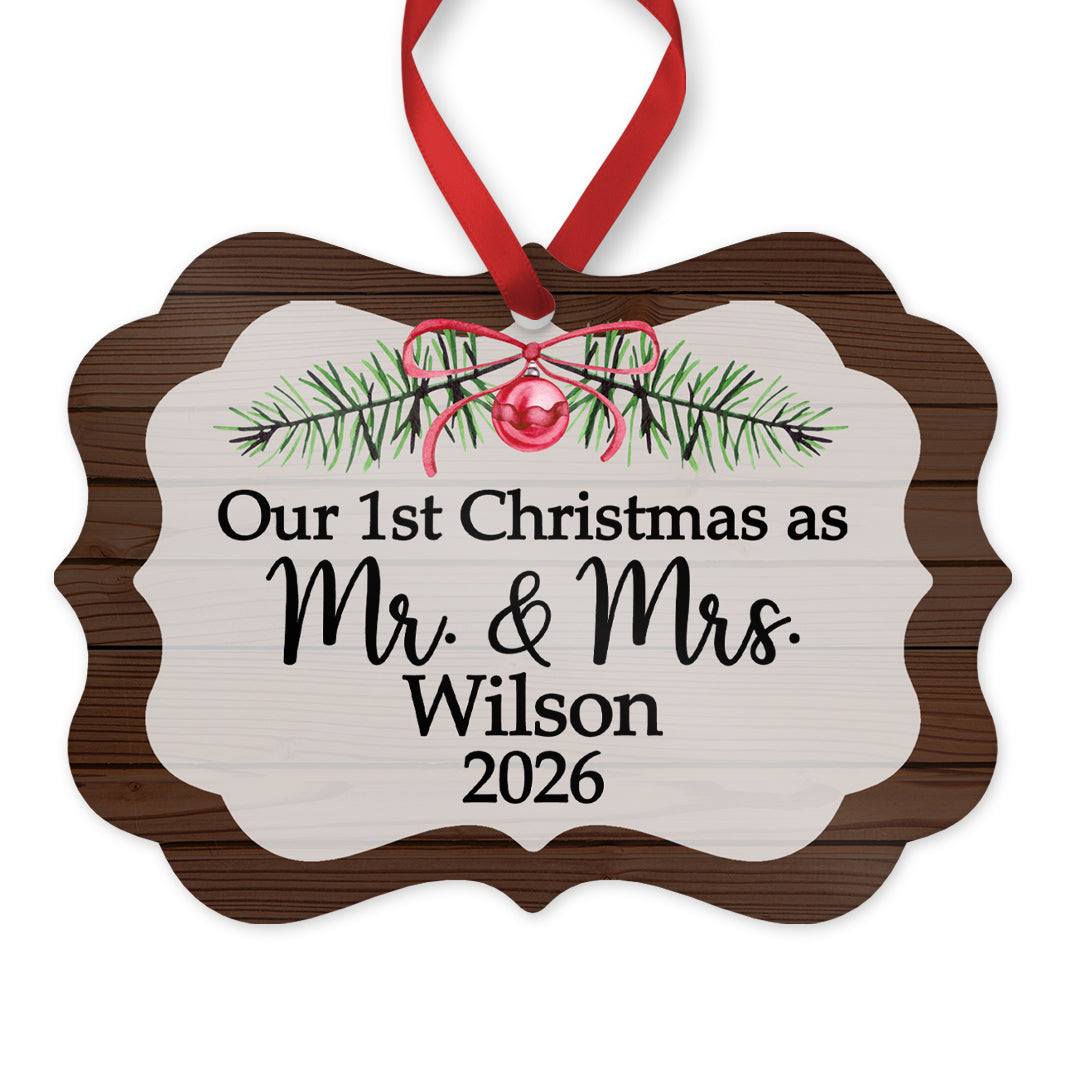 Our 1st Christmas as Mr. & Mrs. Ornament, Personalized Wedding Ornament, 4" x 2.75" Rustic Metal