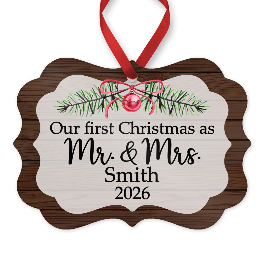 Our First Christmas as Mr. & Mrs. Ornament, Personalized Wedding Ornament, 4" x 2.75" Rustic Metal
