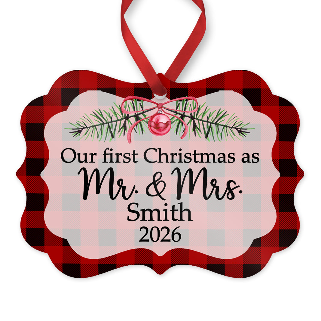 Our First Christmas as Mr. & Mrs. Ornament, Personalized Wedding Ornament, 4" x 2.75" Rustic Metal