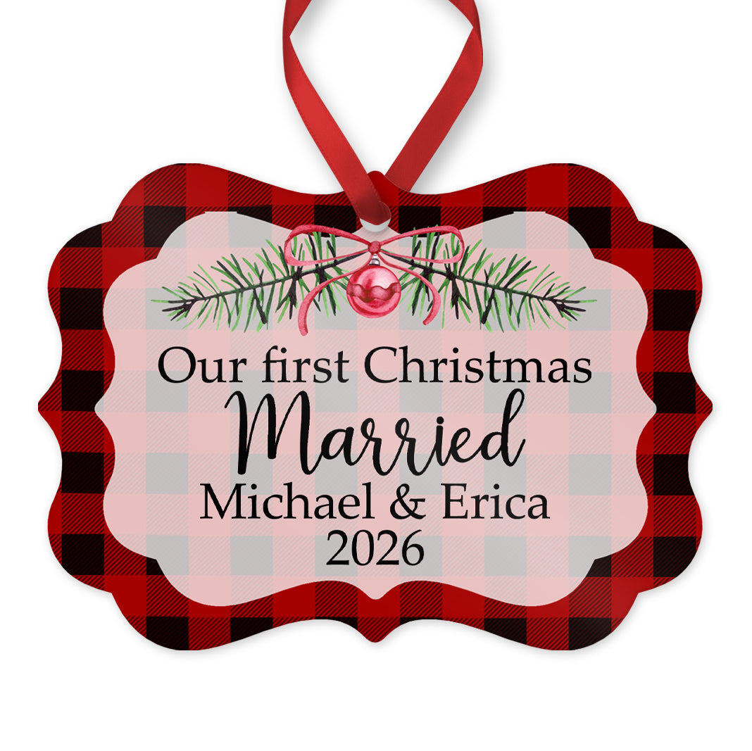 Our First Christmas Married Ornament, Personalized Wedding Ornament, 4" x 2.75" Rustic Metal
