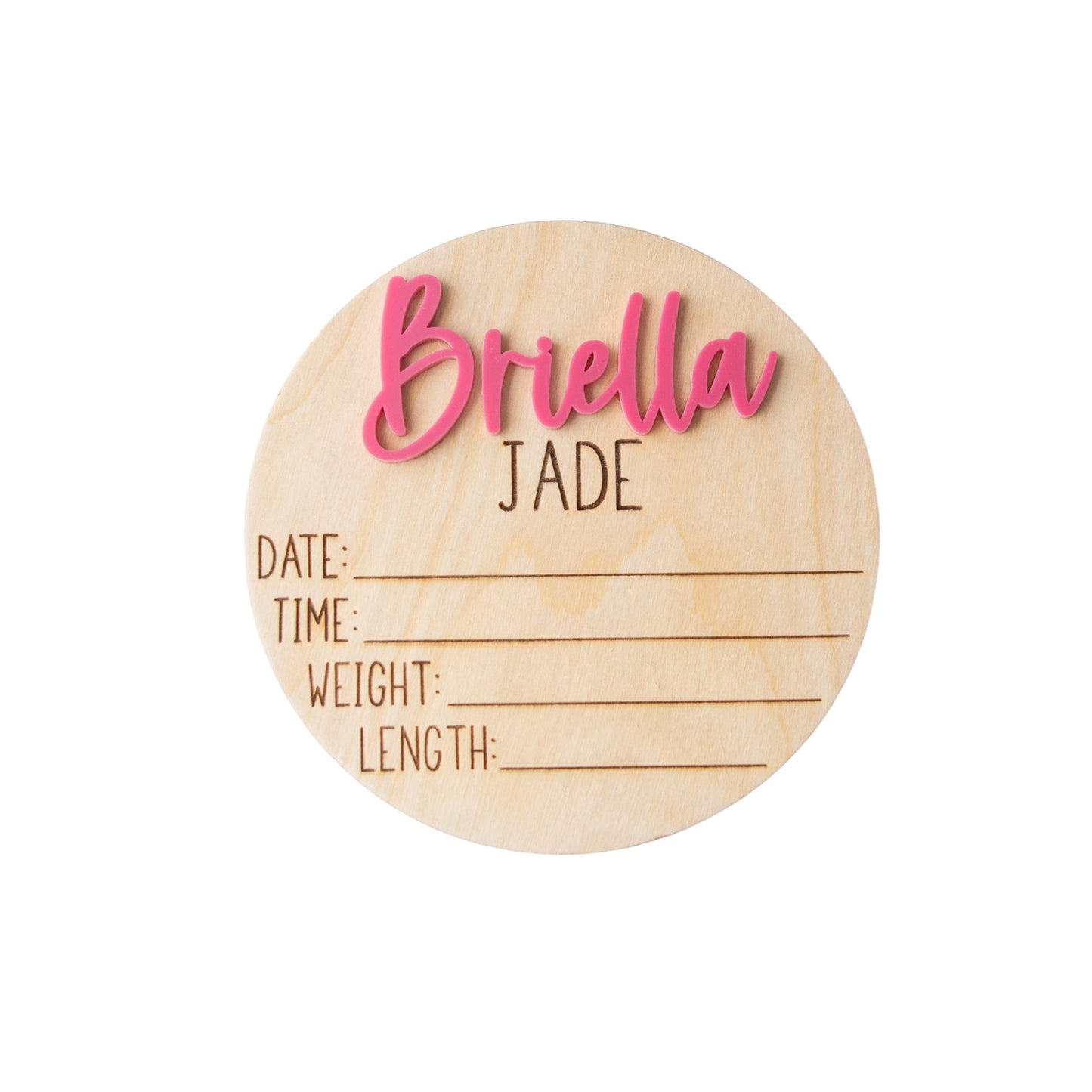 Briella Jade Personalized Wooden Baby Announcement, Engraved Birth Stat Keepsake