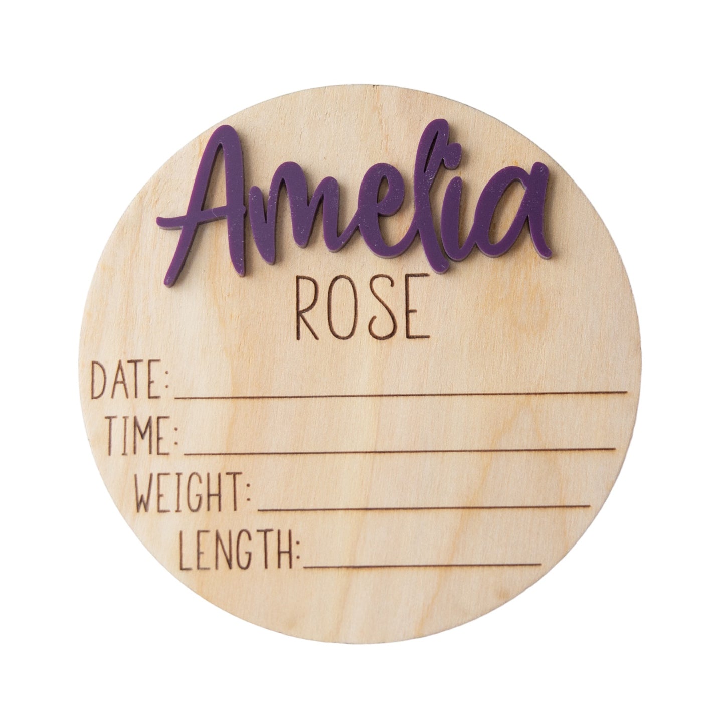 Amelia Rose Personalized Wooden Baby Announcement, Engraved Birth Stat Keepsake
