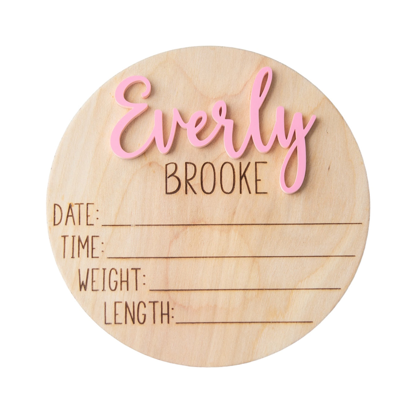 Everly Brooke Personalized Wooden Baby Announcement, Engraved Birth Stat Keepsake