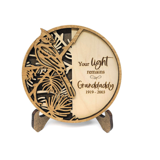 Cardinal Memorial Round - Personalized In Memory Display - Remembrance home décor Shelf Sitter