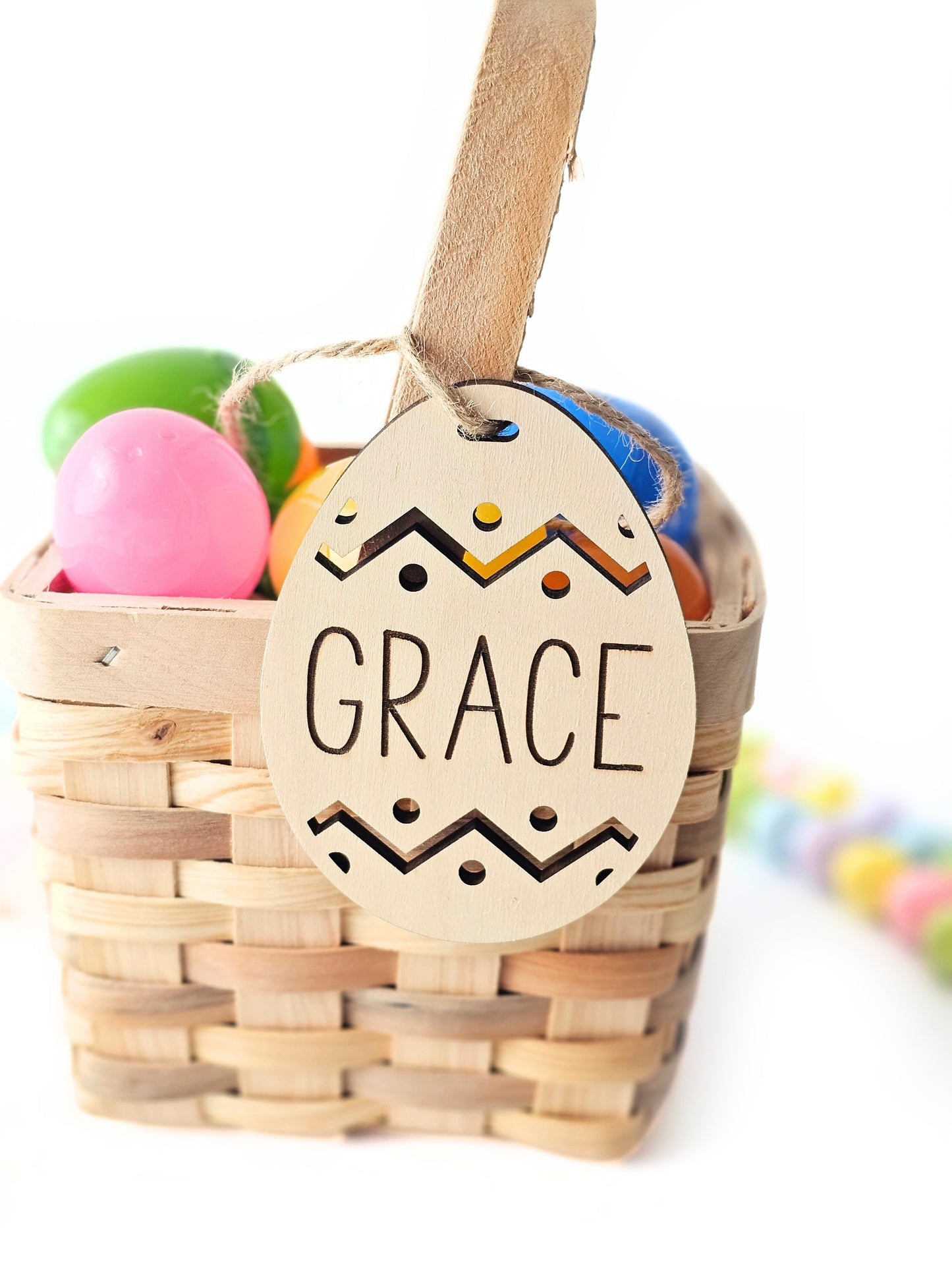 Personalized Easter Basket Name Tags, Birch Wood Bunny and Egg Shapes