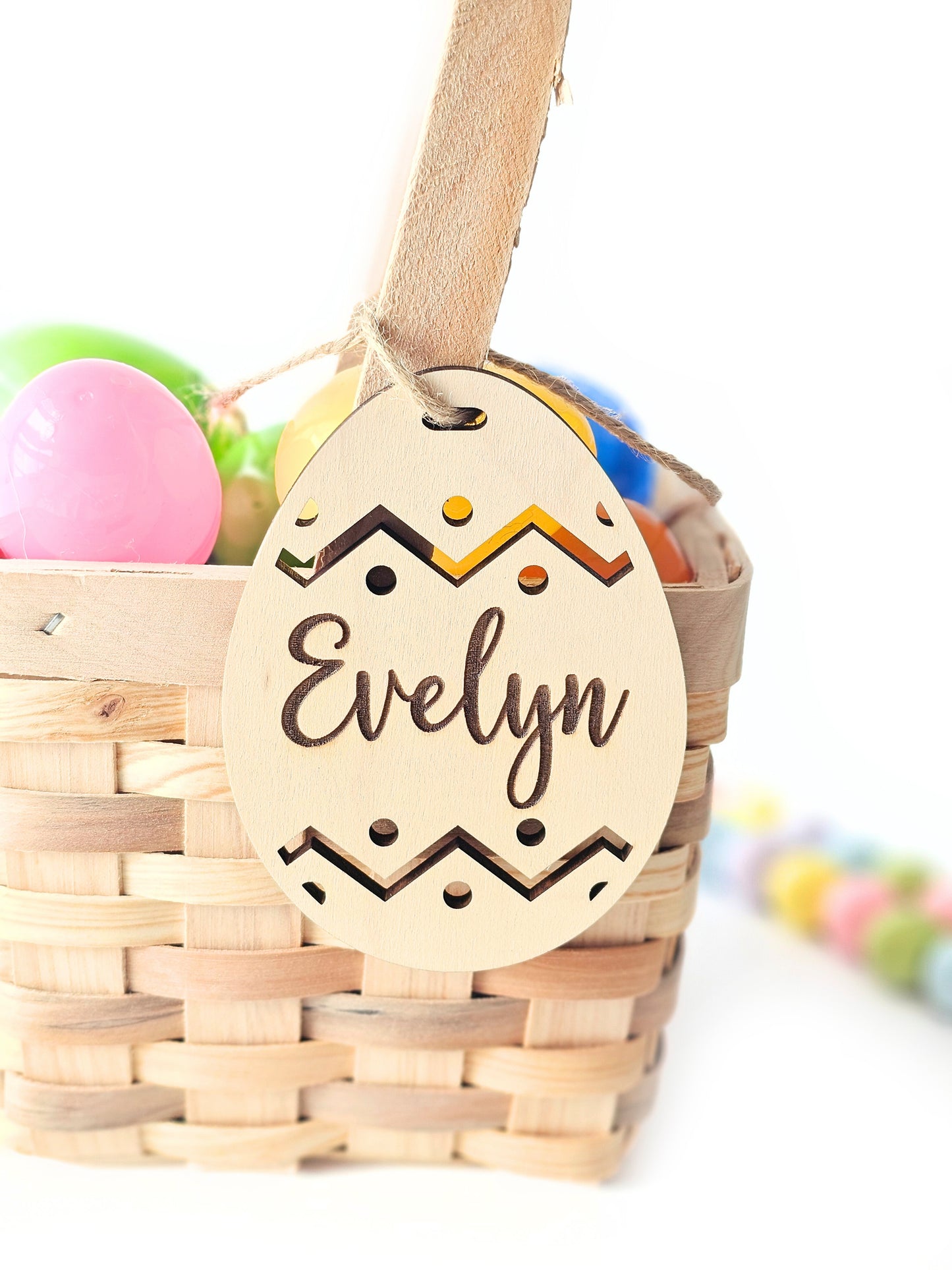 Personalized Easter Basket Name Tags, Birch Wood Bunny and Egg Shapes