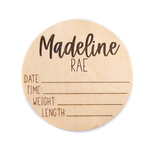Madeline Rae double sided birth announcement for hosptial