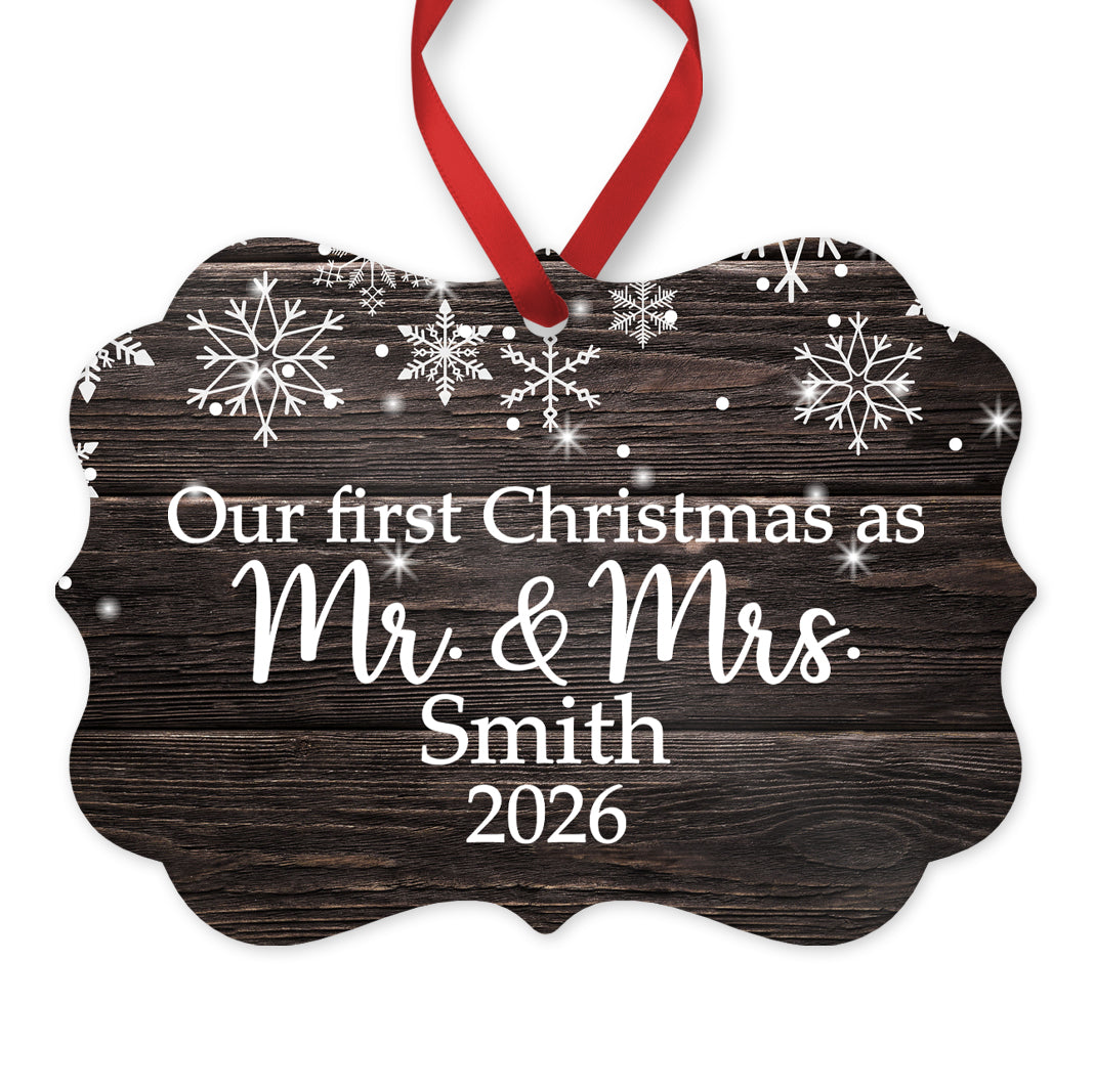 Our First Christmas as Mr. & Mrs. Ornament, Personalized Wedding Ornament, 4" x 2.75" Rustic Metal