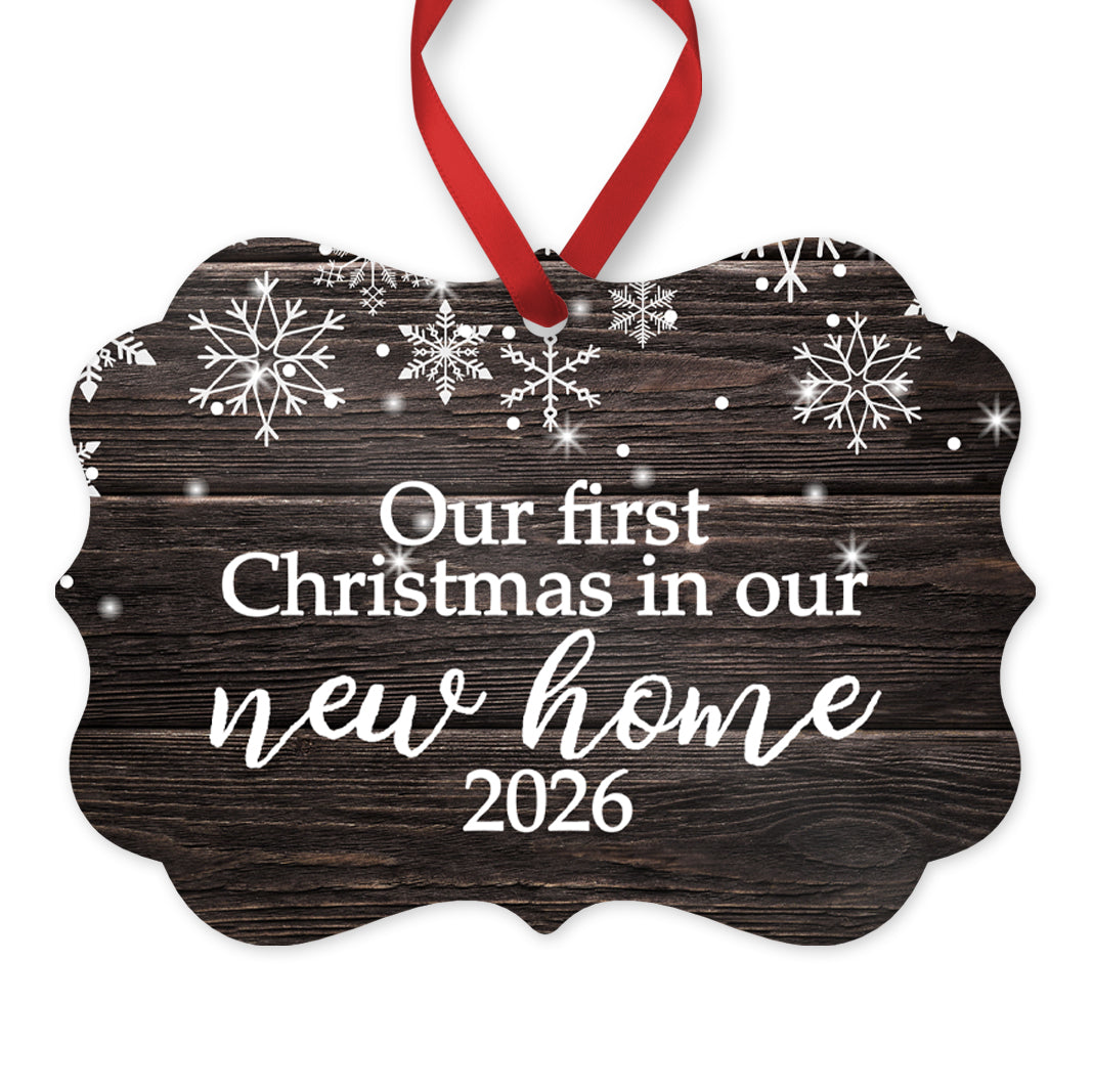 Our First Christmas in Our New Home Ornament, Personalized New Home Keepsake, 4" x 2.75" Rustic Metal
