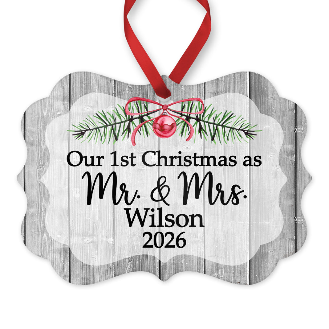 Our 1st Christmas as Mr. & Mrs. Ornament, Personalized Wedding Ornament, 4" x 2.75" Rustic Metal