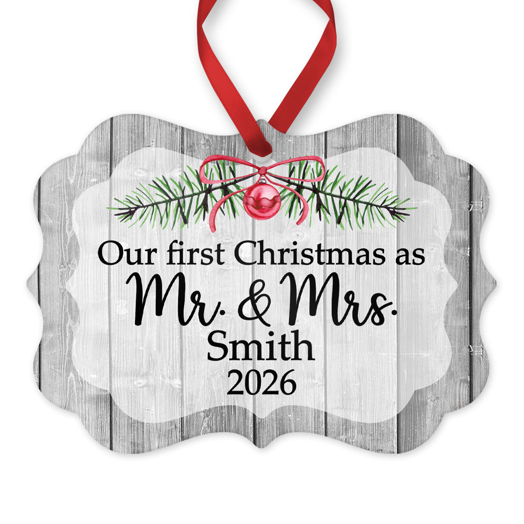 Our First Christmas as Mr. & Mrs. Ornament, Personalized Wedding Ornament, 4" x 2.75" Rustic Metal