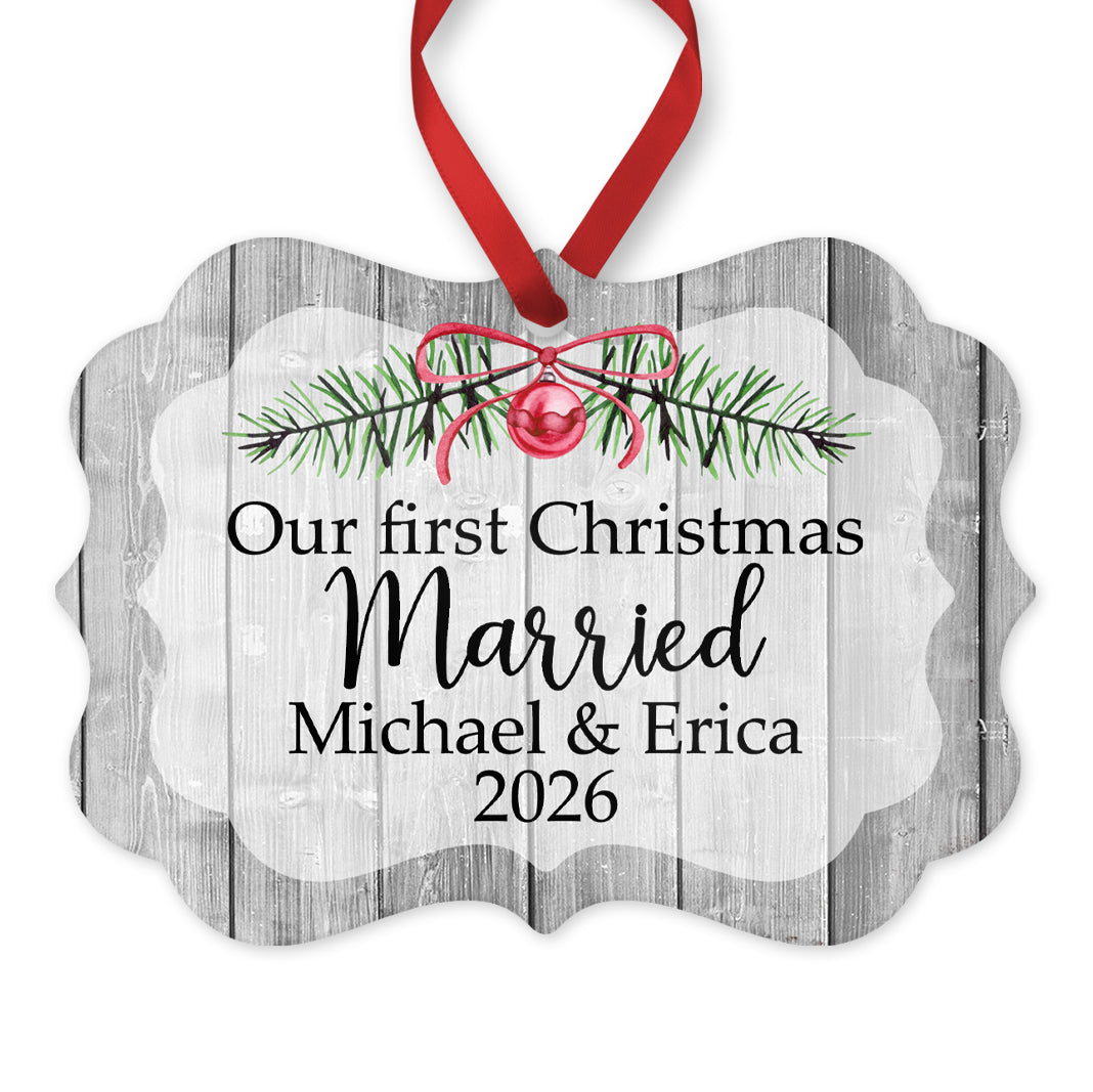 Our Fist Christmas Married Ornament, Personalized Wedding Ornament, 4" x 2.75" Rustic Metal
