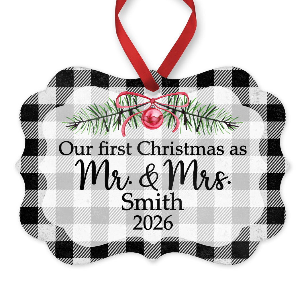 Our First Christmas as Mr. & Mrs. Ornament, Personalized Wedding Ornament, 4" x 2.75" Rustic Metal