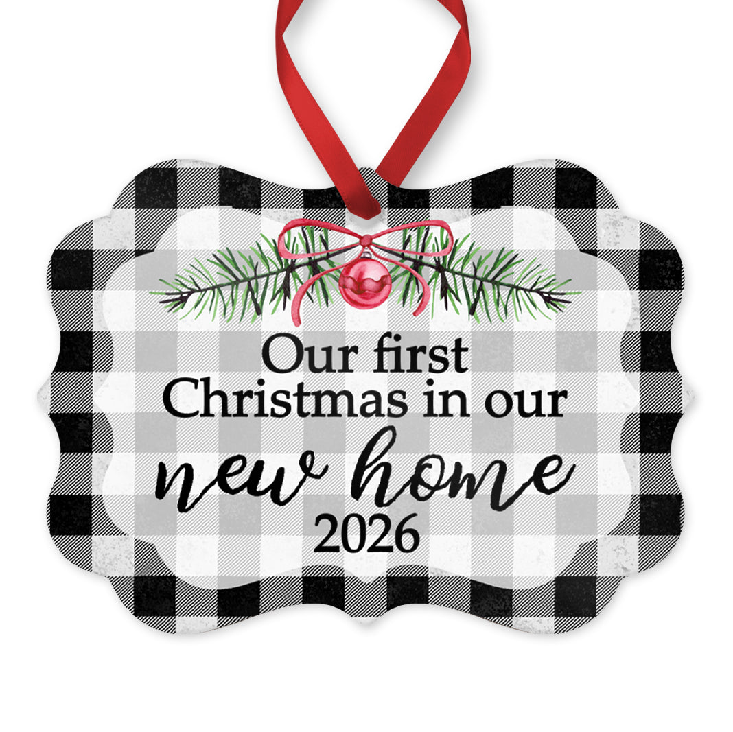 Our First Christmas in Our New Home Ornament, Personalized New Home Keepsake, 4" x 2.75" Rustic Metal