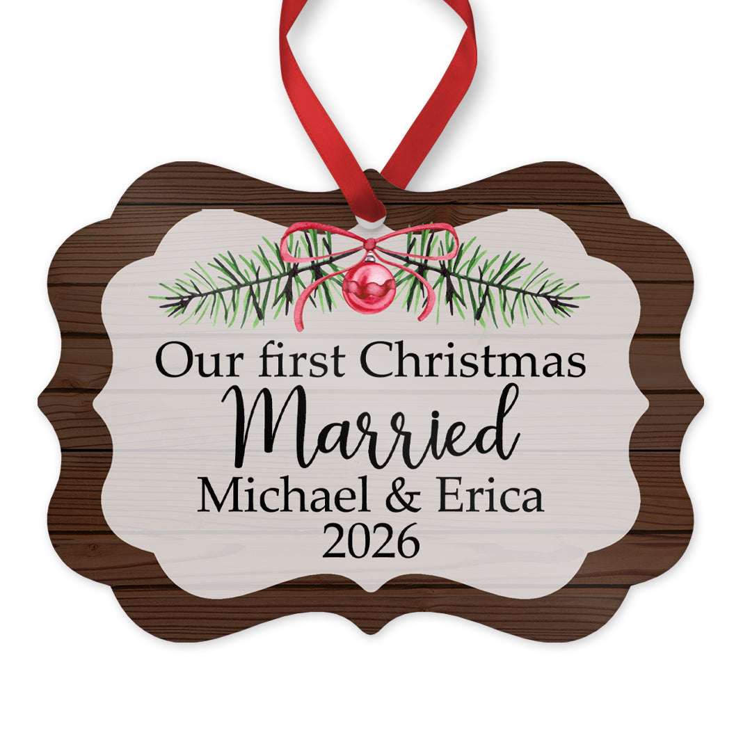Our First Christmas Married Ornament, Personalized Wedding Ornament, 4" x 2.75" Rustic Metal