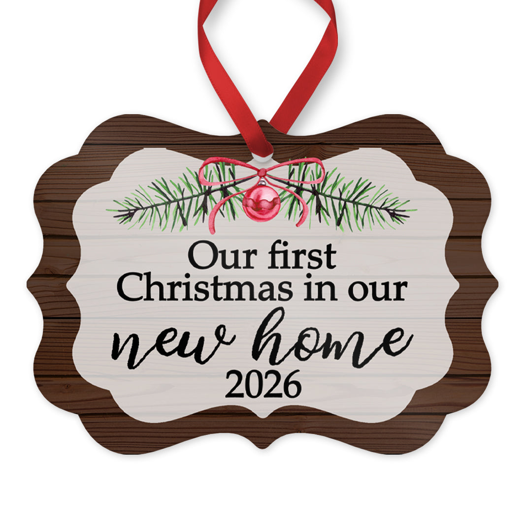 Our First Christmas in Our New Home Ornament, Personalized New Home Keepsake, 4" x 2.75" Rustic Metal