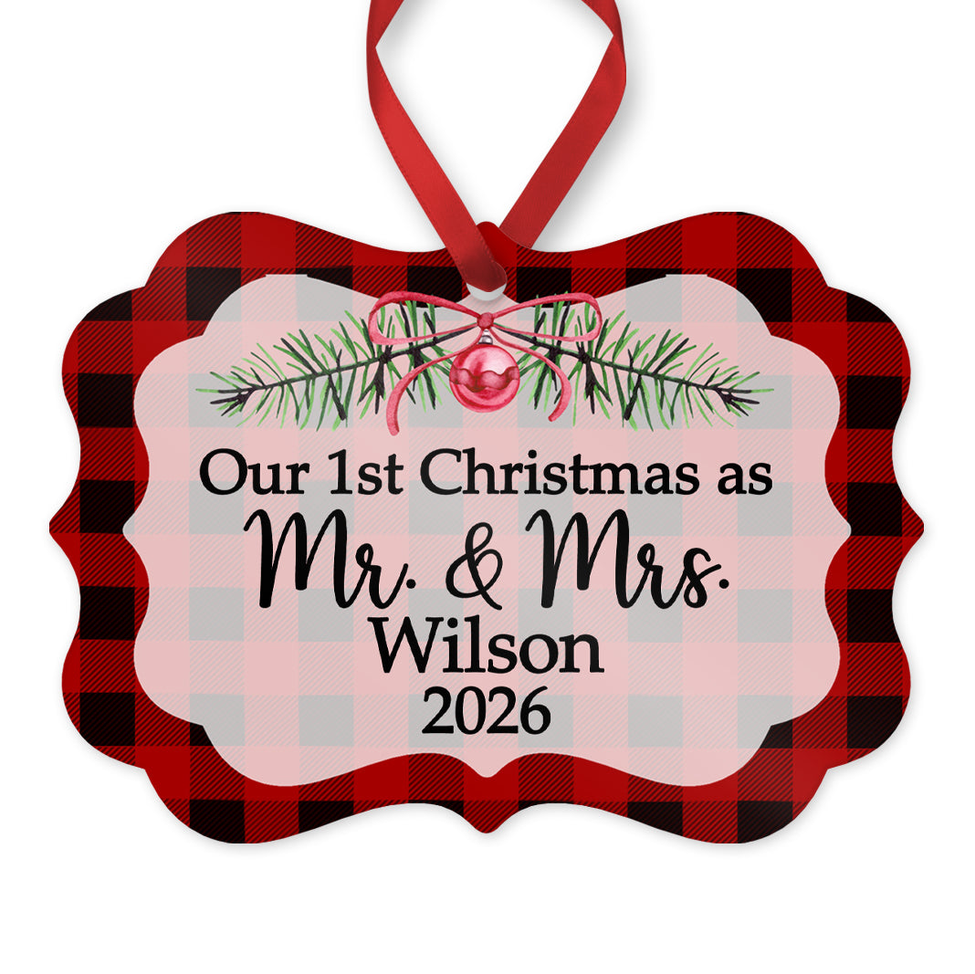 Our 1st Christmas as Mr. & Mrs. Ornament, Personalized Wedding Ornament, 4" x 2.75" Rustic Metal