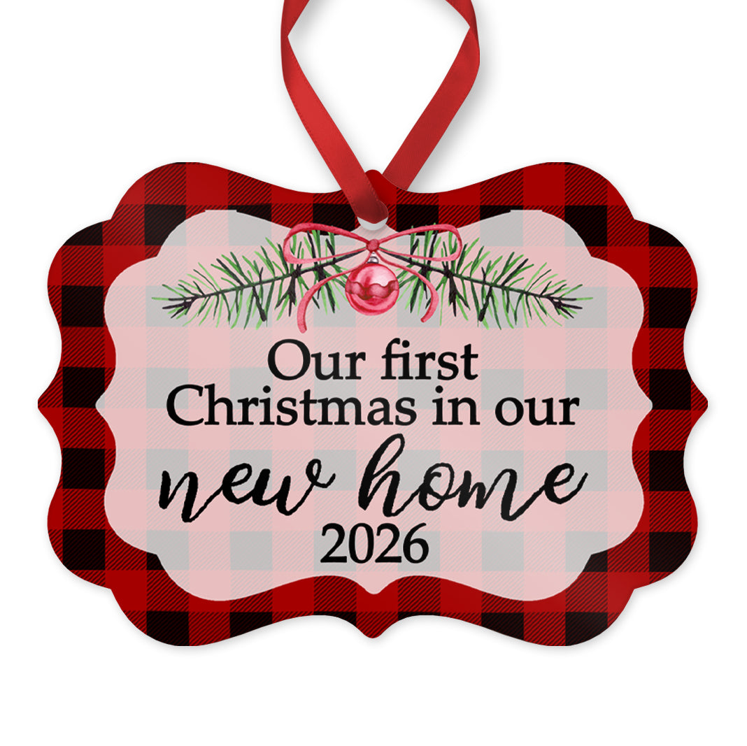 Our First Christmas in Our New Home Ornament, Personalized New Home Keepsake, 4" x 2.75" Rustic Metal