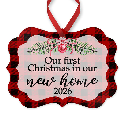Our First Christmas in Our New Home Ornament, Personalized New Home Keepsake, 4" x 2.75" Rustic Metal