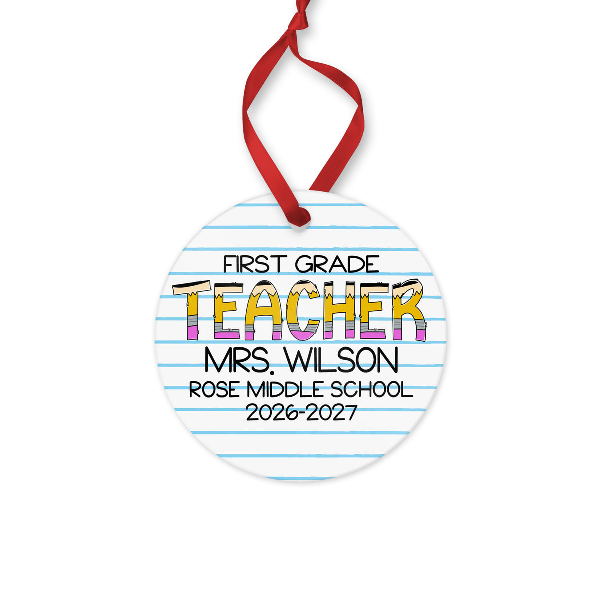 First Year Teacher Ornament, Personalized with Name, School & Year, Metal Christmas Ornament, 3.5" Round