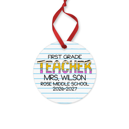 First Year Teacher Ornament, Personalized with Name, School & Year, Metal Christmas Ornament, 3.5" Round