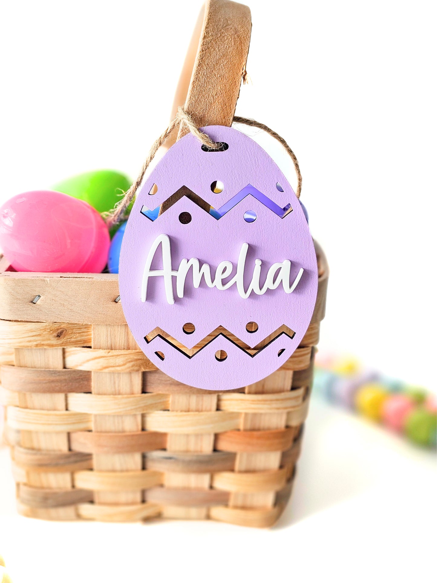 Personalized Easter Basket Name Tags, Birch Wood Bunny and Egg Shapes, Pastel Color Kids Easter Decoration