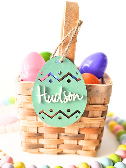 Personalized Easter Basket Name Tags, Birch Wood Bunny and Egg Shapes, Pastel Color Kids Easter Decoration