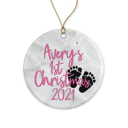 Personalized Baby's 1st Christmas ornament for baby girl 2021 | birth stat ceramic ornament