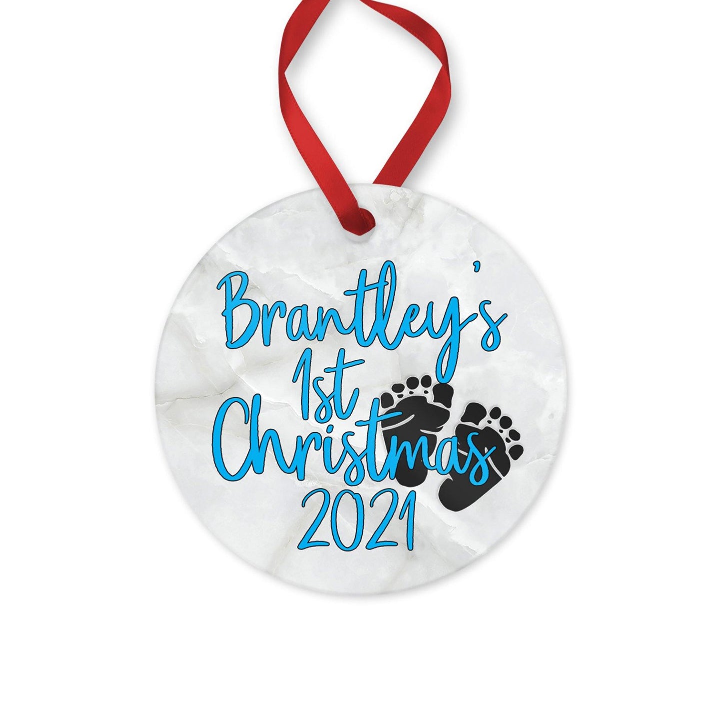 Personalized Baby's 1st Christmas ornament for baby boy 2021 | birth stat Christmas ornament | marble metal round