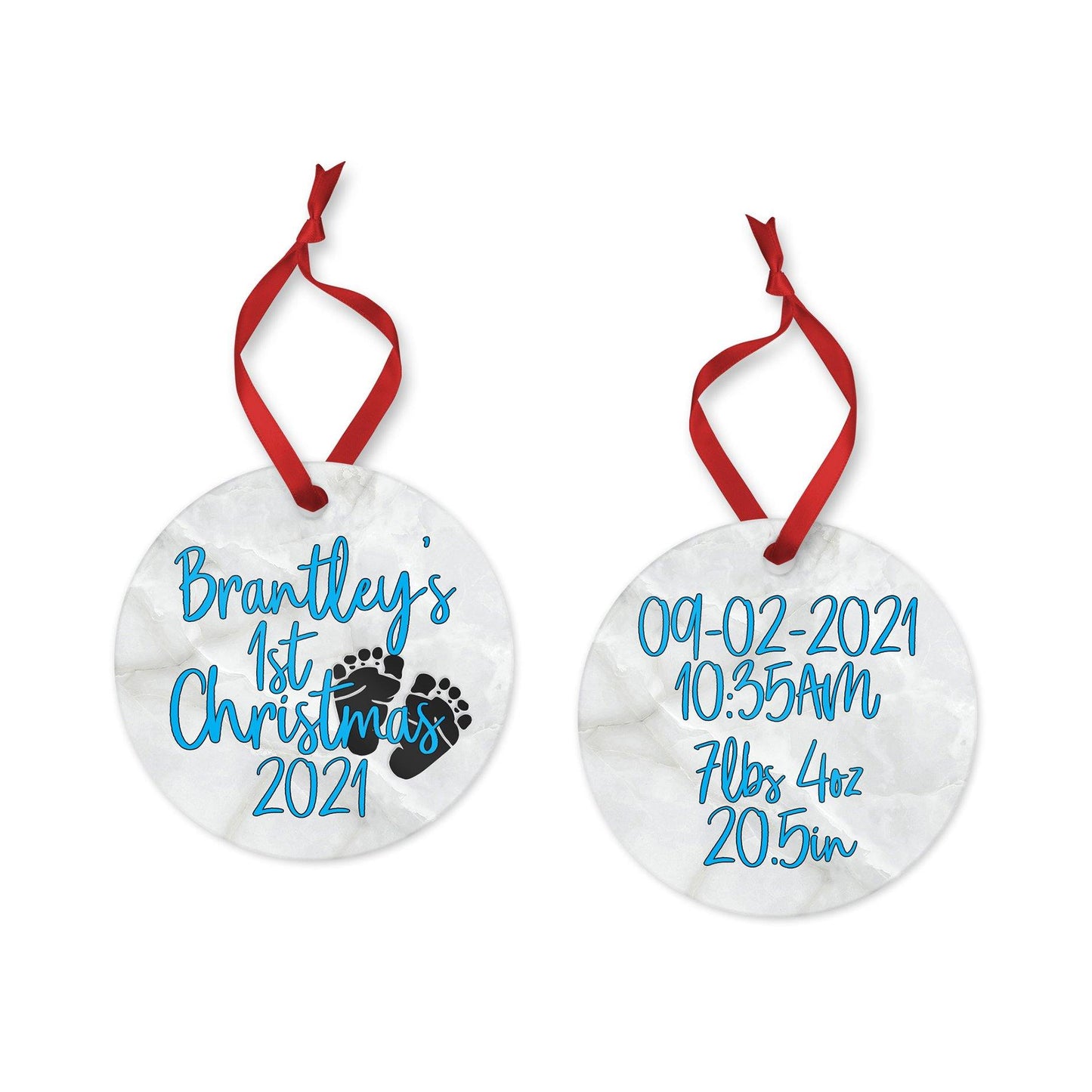 Personalized Baby's 1st Christmas ornament for baby boy 2021 | birth stat Christmas ornament | marble metal round