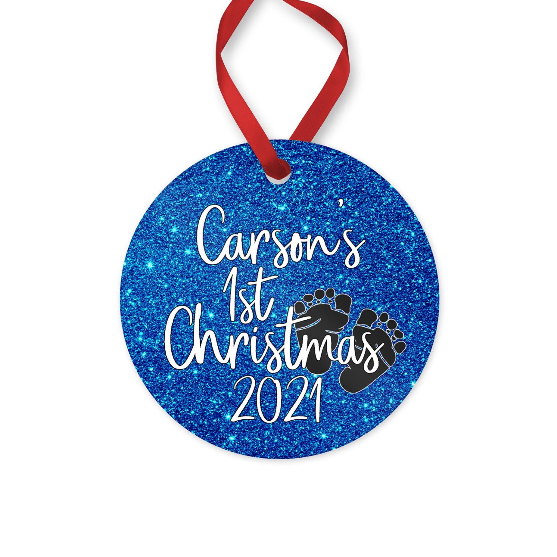 Personalized Baby's 1st Christmas ornament for baby boy with birth stats on back - glitter metal ornament