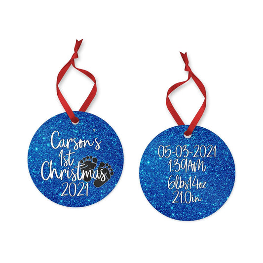 Personalized Baby's 1st Christmas ornament for baby boy with birth stats on back - glitter metal ornament