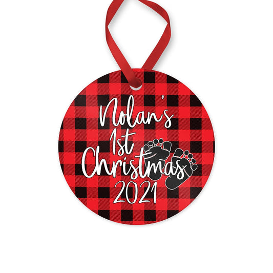 Personalized Baby's 1st Christmas ornament 2021 - Red buffalo plaid ornament