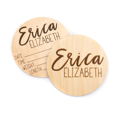 Erica Elizabeth double sided wooden birth announcement for hospital