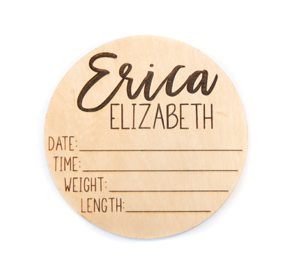 Erica Elizabeth double sided wooden birth announcement for hospital